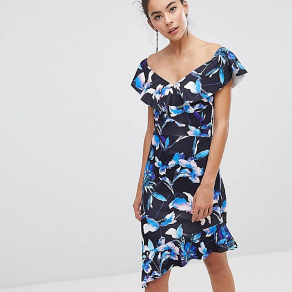 Silver Bloom Off Shoulder Midi Dress With Frill